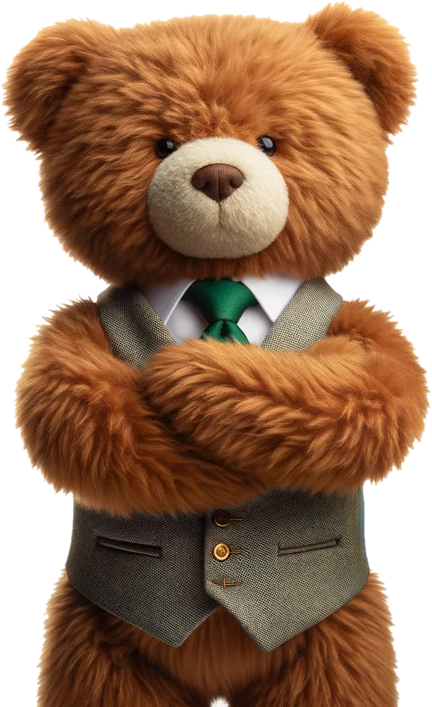 A smart teddybear with it's arms crossed